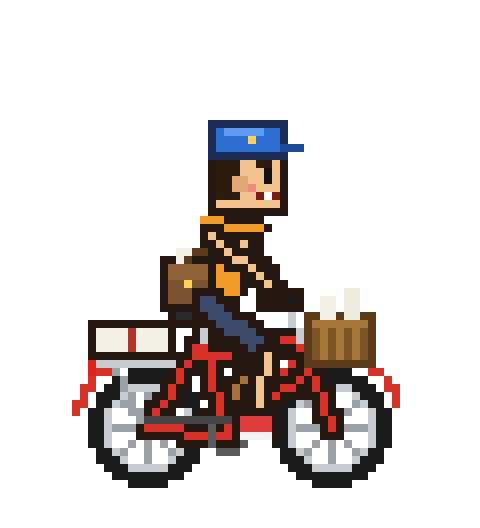 The paperboy sprite: blue cap, orange kurta, satchel, a wire basket of rolled newspapers and a red cycle