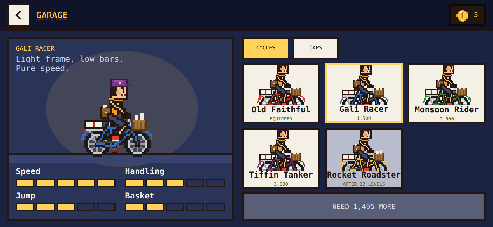 Garage screen with cycles and stat bars