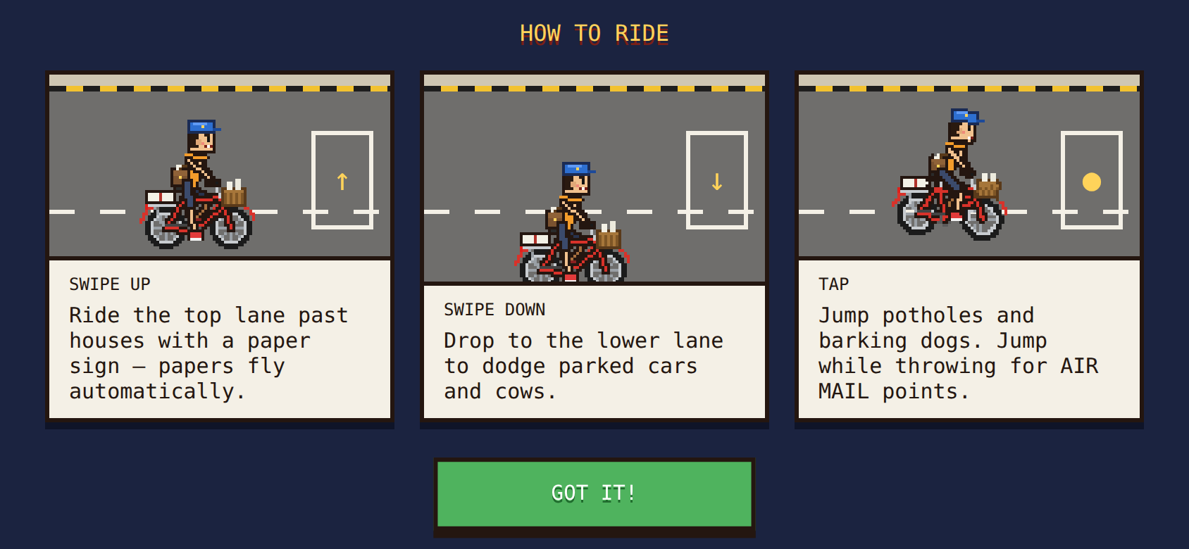 How to ride screen explaining swipe up, swipe down and tap.