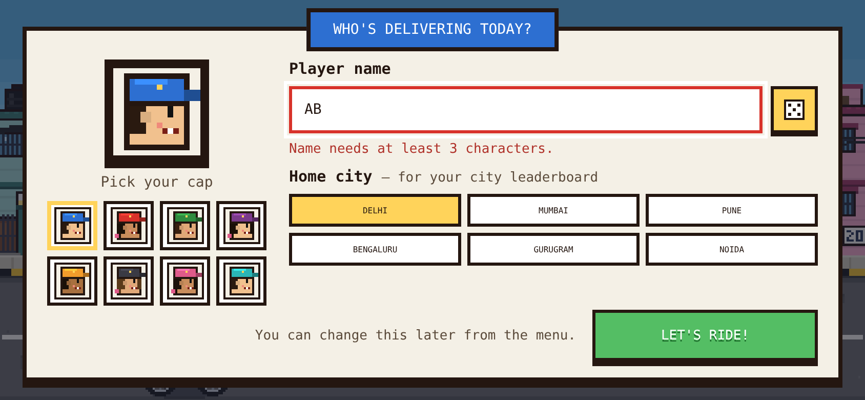 Player name screen showing a validation message