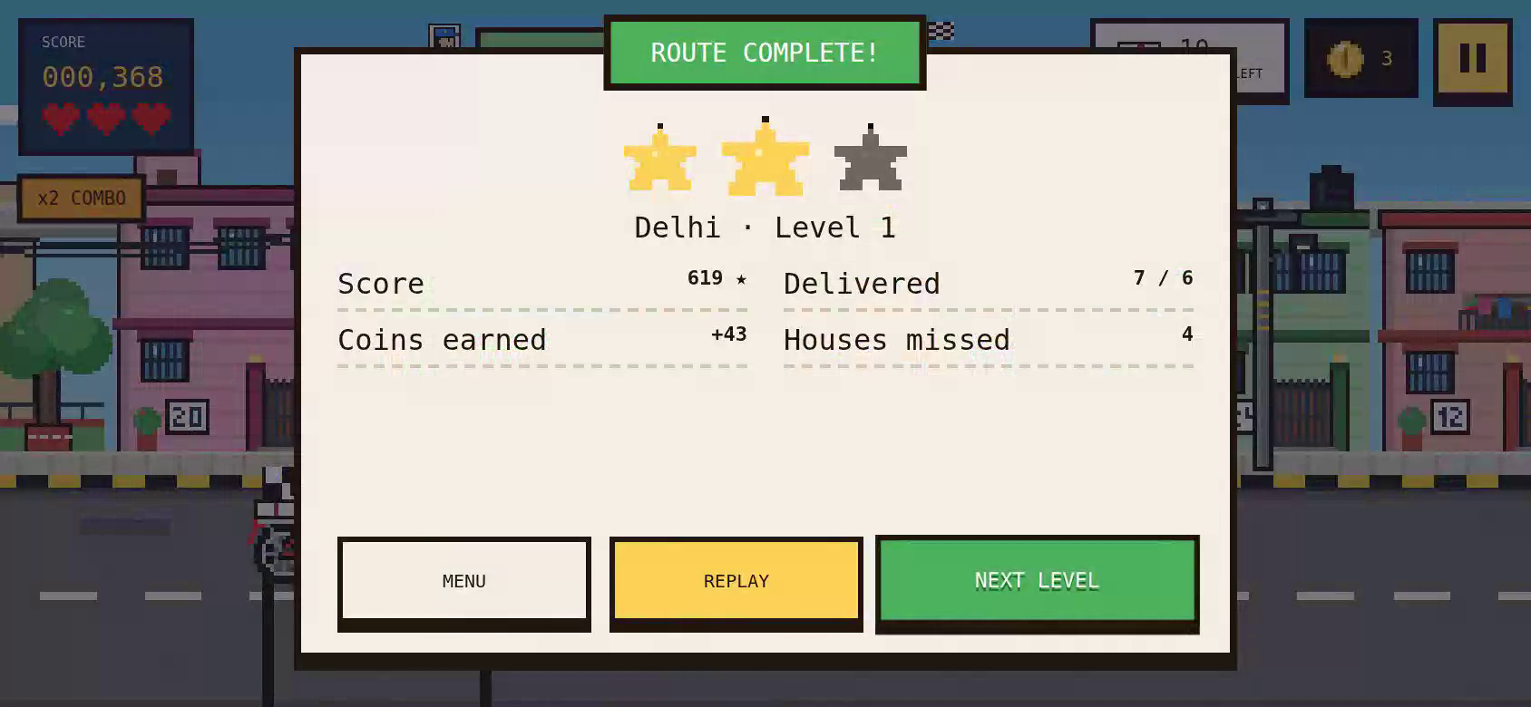 Route complete card with two of three stars and score