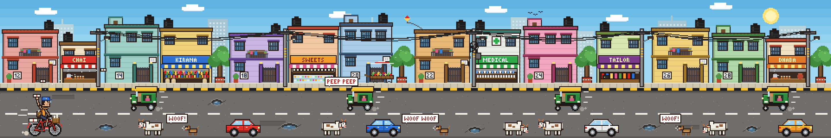 A long pixel-art Indian street with pastel houses, shops, a cow, a parked car, an oncoming auto-rickshaw and the paperboy