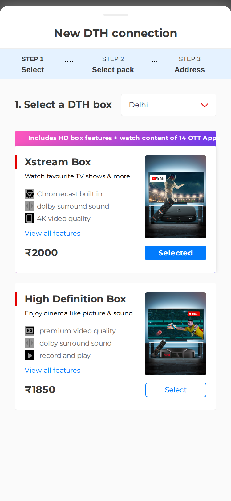 DTH app screen: Select a DTH box