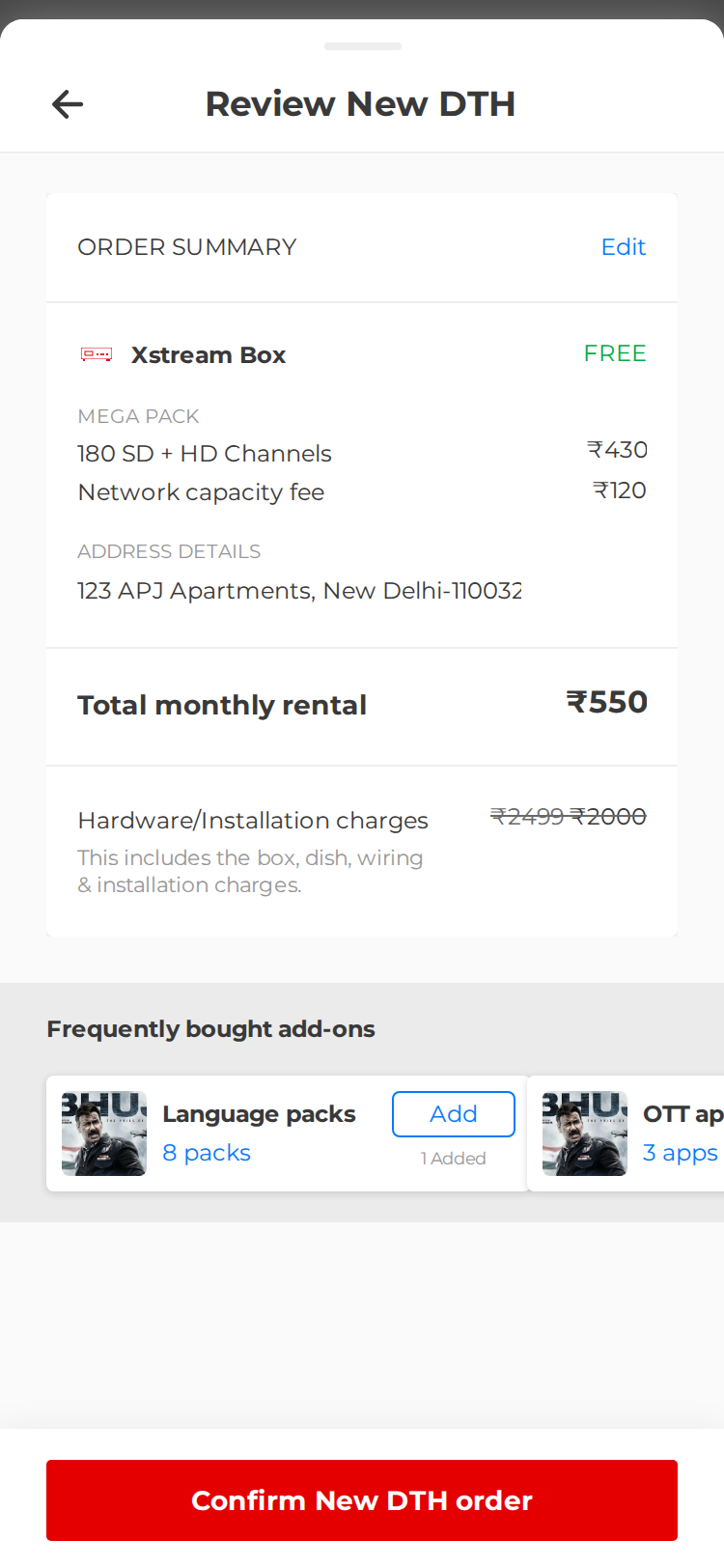 DTH app screen: Review order