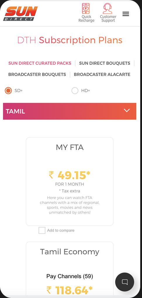 Sun Direct – subscription plans